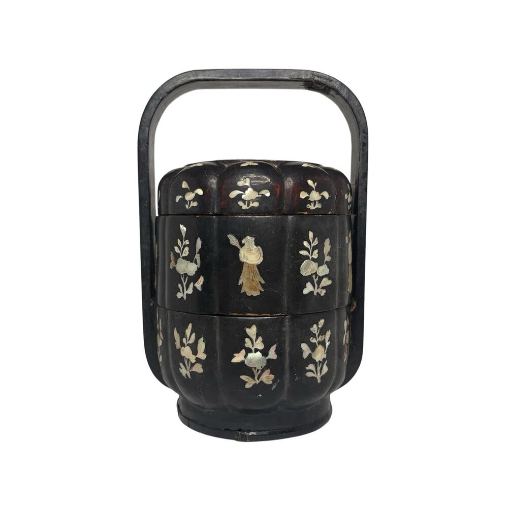 Chinese Black Lacquer Wedding Basket Mother of Pearl Inlay Tiered Qing Style